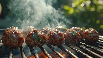 A close-up of meatballs being grilled on a barbecue, with smoke rising and a summer garden in the background 