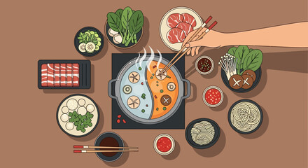 A vibrant top-down illustration of a traditional Asian hot pot meal with various fresh ingredients and dipping sauces laid out on a table.