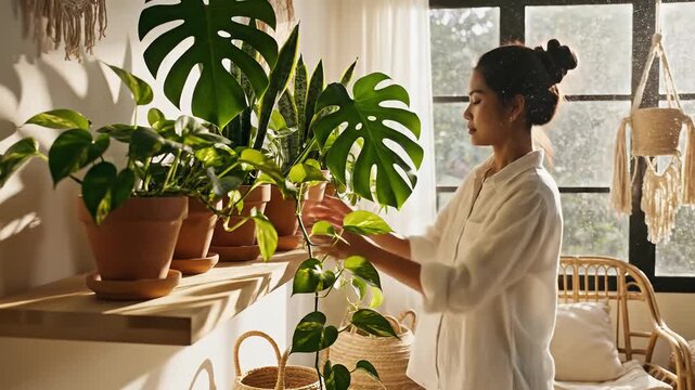 Serene woman tending to lush indoor plants near a sunlit window