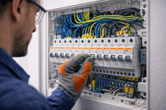 Experienced technician adjusts circuit breaker inside modern electrical panel, focusing on safe operation and proper wiring installation.