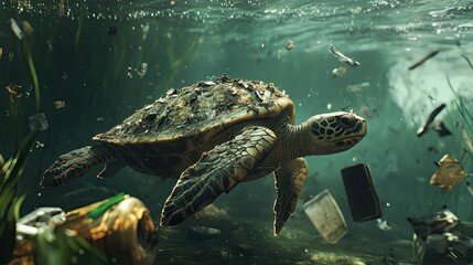 A turtle swimming over trash in a lagoon, raising awareness about beach pollution for World Water Day. 