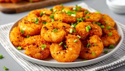 Homemade Crispy Salt and Pepper Shrimp with Scallions on a Plate, side view.