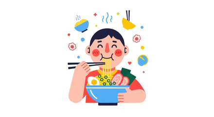 A cheerful cartoon person enjoying a steaming bowl of ramen noodles with chopsticks, surrounded by food illustrations.