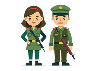 Fototapeta premium Vector flat illustration set of line art female and male military soldiers in uniform poses