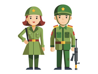 Fototapeta premium Vector flat illustration set of line art female and male military soldiers in uniform poses