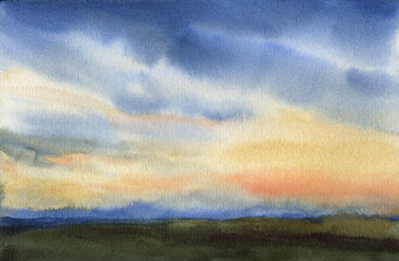 Fototapeta premium Beautiful semi-abstract landscape. Watercolour and ink on paper. Versatile hand painted artistic image for creative design projects: posters, websites, banners, cards, prints, wallpapers. Artist-made 
