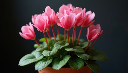 Fototapeta premium Pink cyclamen flowers with green leaves grow in a pot. Dark background accentuates vibrant color. Ideal for home decor or garden blogs. Plant care tips. Fresh bloom inside.
