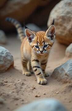 Small sand cat kitten with striped fur walks on dry desert sand. This young wild animal has big ears and cute face, looking curiously. It is a desert dweller.