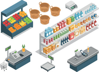 Obraz premium Isometric Grocery Store Illustration with Shelves and Checkout