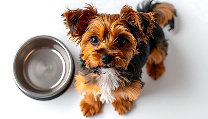 Adorable dog stares intently at the camera beside an empty metallic food bowl on a white surface