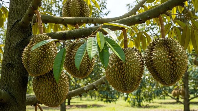 Durian fruits hanging from tree branches.