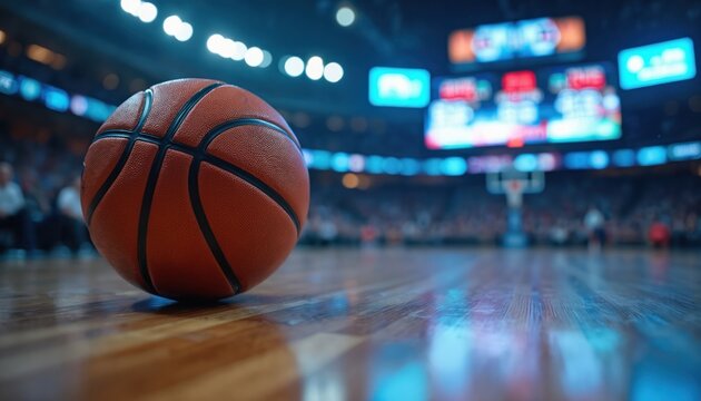Basketball rests on a polished wooden court. Bright stadium lights shine down on the court. A blurred scoreboard and spectators fill background. Game night atmosphere.