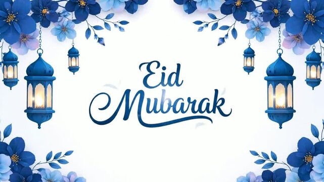 Elegant Eid Mubarak greeting card design with blue floral decorations and traditional lanterns, perfect for Islamic holiday celebrations and well wishes
