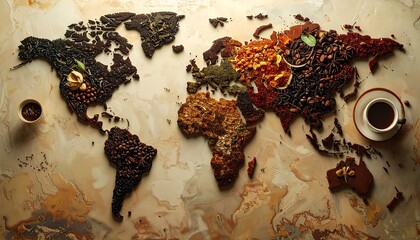 A world map crafted with coffee beans, tea leaves, and spices, alongside coffee cup