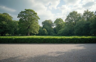 Fototapeta premium Rich green park with manicured hedge and tall trees under a cloudy sky. Gravel path leads to a vast lawn and dense forest, evoking natural serenity and expansive outdoor beauty.