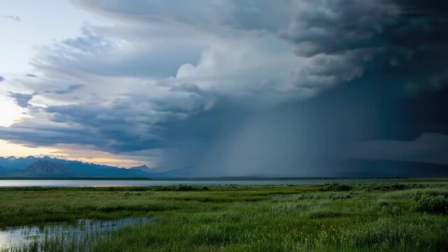 Time-lapse wide video shows dark thunderheads gathering over lush green grass, calm water reflecting sky, and distant mountains. Sunset shifts to heavy rain. Raw power of nature's change