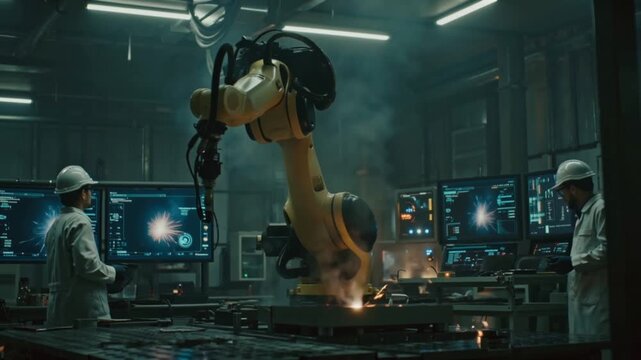4K cinematic video engineers testing industrial robotic arm high-tech laboratory, robotic arm performing precise repetitive tasks, engineers monitoring multiple screens telemetry, force feedback, heat