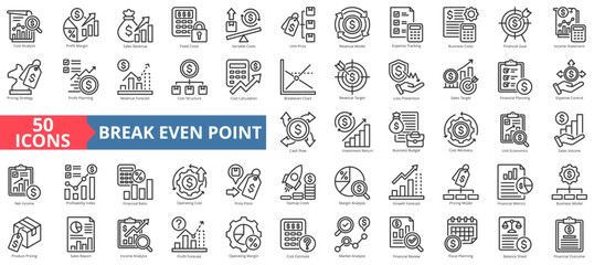 Obraz na płótnie Canvas break-even point icon set outline style illustration. containing cost analysis, profit margin, sales revenue, financial planning, business model, investment return, income statement, cash flow