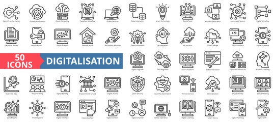 digitalisation icon set outline style illustration. containing technology adoption, e-government service, automated system, interactive tool, electronic record, mobile access, cloud computing