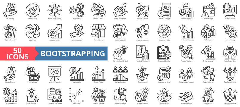 bootstrapping icon set outline style illustration. containing self-funding, lean startup, growth hacking, capital efficiency, early adoption, revenue stream, founder-driven, strategic planning