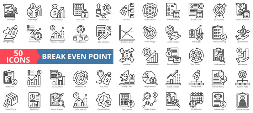 break-even point icon set outline style illustration. containing cost analysis, profit margin, sales revenue, financial planning, business model, investment return, income statement, cash flow