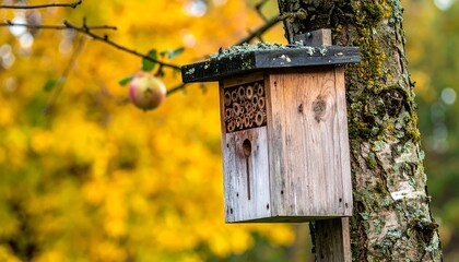 Weathered wooden insect hotel attached to a tree trunk, with autumn foliage blurred