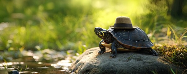 A quirky scene of a turtle balancing a tiny hat on its shell in a natural setting, sparking amusement, 