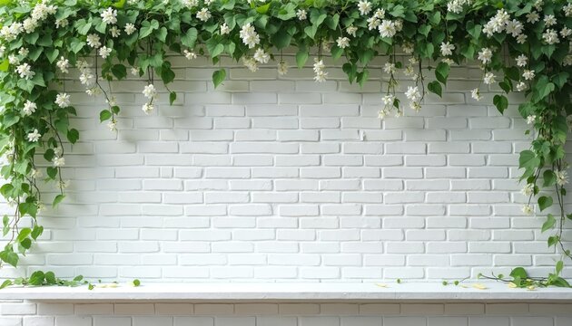Green vines with white flowers cascade over a white brick wall and a simple shelf. This airy, light background suggests nature, growth, and a clean, minimalist aesthetic for decor or wellness themes.