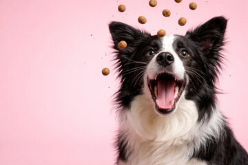 Fototapeta premium Border collie catching falling kibble on pink background, pet shop dog food ad concept