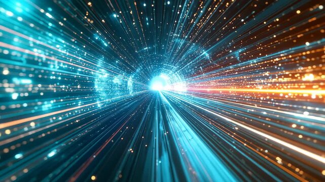 Tunnel of Tomorrow: A stunning digital tunnel of light showcasing the vibrant colors and fast pace of advanced technology, depicting the boundless possibilities of the digital realm. 