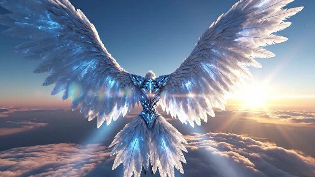 Angel With Heavenly Wings Unfurled in Dawn Sky