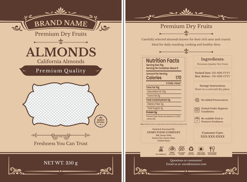 Almonds Dry Fruits Packaging Label Design &ndash; Front and Back &ndash; Nutrition Facts