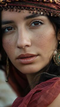 A close view of a woman's face. She's a Romani traveler, with a headscarf and earring. This female nomad, rambler, wanderer, gypsy, peregrine, sojourner is striking