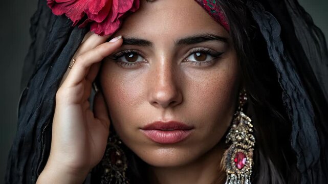 A compelling close-up of a young female. She is a gypsy, romani, a traveler. Her face is adorned with a flower, she is a wanderer, a nomad, and her beauty is captivating