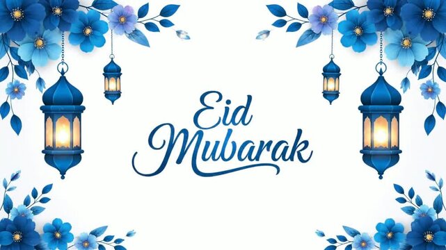 Elegant Eid Mubarak greeting card design with traditional lanterns and decorative blue floral elements on a pristine white background, perfect for Islamic holiday celebrations and greetings