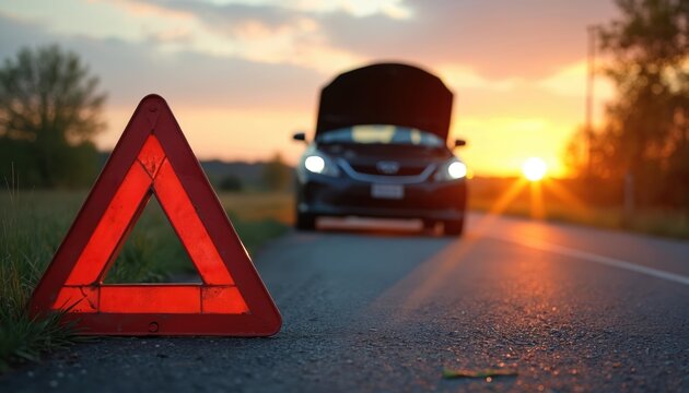 Car broken down on roadside at sunset with open hood and warning triangle. Vehicle lights illuminate empty asphalt highway. Need help for auto trouble.