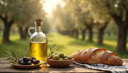 Obraz premium Rustic wooden table displays fresh olives, crusty bread, golden olive oil in glass bottle. Sunlit Italian olive grove provides scenic, natural background. Setting suggests authentic Mediterranean