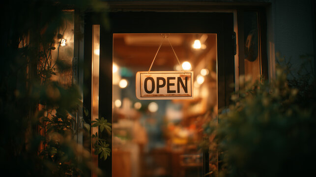 A welcoming straight-on view of a modern cafe's glass front door featuring a glowing orange "OPEN" neon sign, with a warm and inviting blurred interior background.