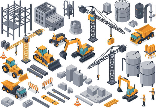 Construction Site Isometric Elements Cranes, Trucks, Building Materials