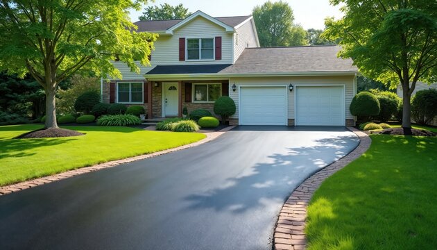 Clean asphalt driveway glistens after sealcoating application. Home exterior with manicured lawn green grass and two car garage. Suburban residential property.