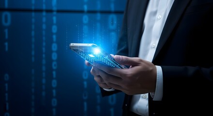 Close up of businessman holding smartphone with glowing binary code data streams on dark background