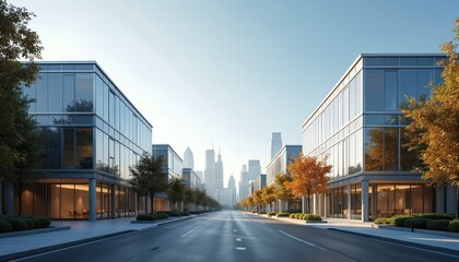 Fototapeta premium Modern glass office buildings line a city street with trees. Distant skyscrapers create a city skyline. This urban scene shows corporate architecture and business development.