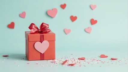 Minimal Valentine&rsquo;s Day composition with red gift box and floating paper hearts on soft pastel background. Romantic celebration concept.