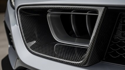 Close-up of a silver car's front grille with carbon fiber details.