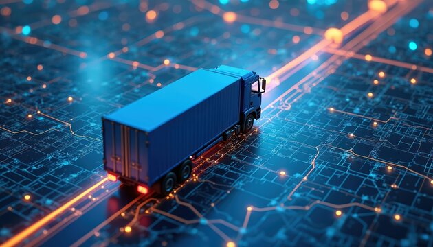Blue cargo truck navigates digital map with glowing routes. Global logistics and supply chain visualized. Truck travels on abstract electronic network.