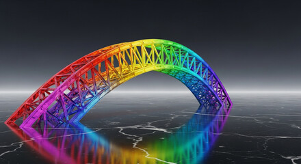 A vibrant, rainbow-colored archway with a lattice structure stands on a dark, marbled surface against a gradient background.