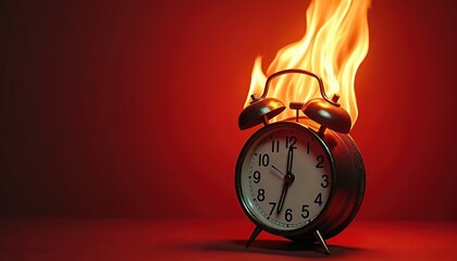 Retro alarm clock burns with bright orange flames. Time is running out as fire engulfs vintage timepiece. Concept of deadline pressure or urgent situation.