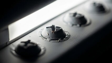 Close-up of stove control knobs with dramatic lighting.