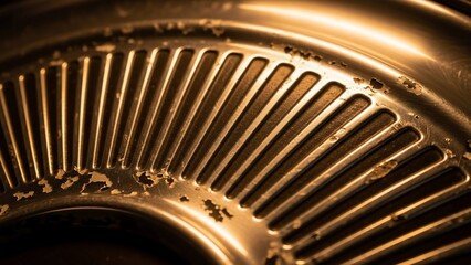 Detailed view of a metallic turbine or fan blade with golden finish.