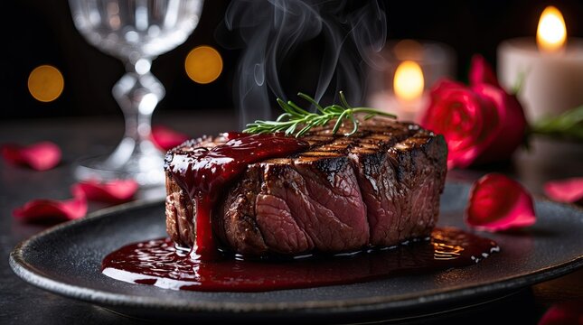 Gourmet Grilled Filet Mignon with Red Wine Jus and Romantic Ambience